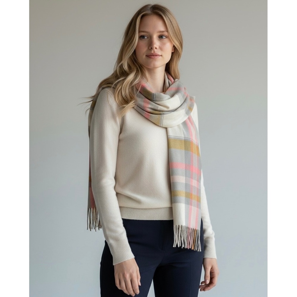 Love & Lore Plaid Oversized Scarf One Size Pink Grey Cream Mustard Fringe Wrap